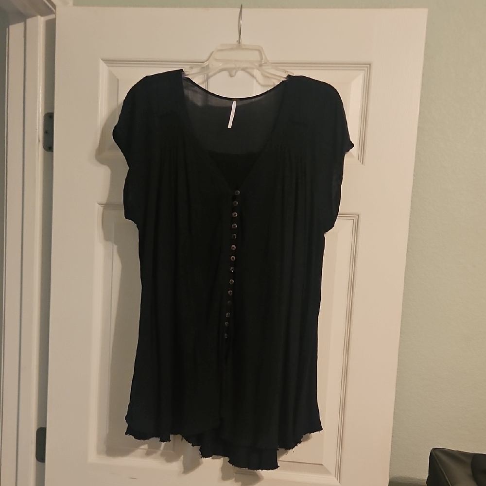 Free People Black Button-Front Short Sleeve Blouse